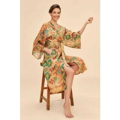 Warm Cream Ikat Kimono Gown