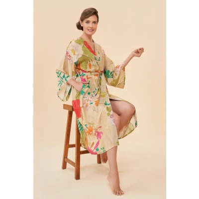Tropical Flora and Fauna Kimono Gown in Coconut