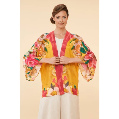 Impressionist Floral Kimono Jacket in Mustard