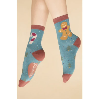 Gingerbread Man Ankle Socks in Aqua
